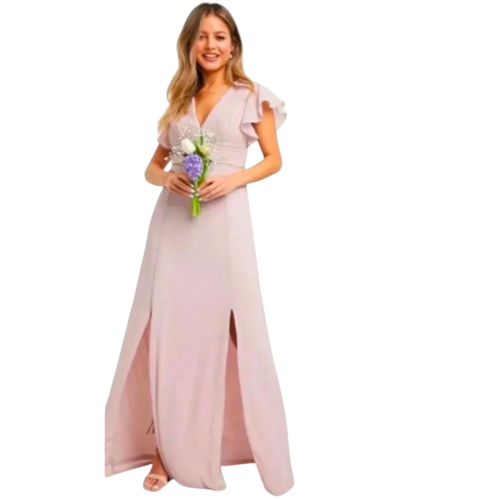 NWT ASOS tfnc Pink Plunge Front Flutter Sleeve Maxi Dress Size 10